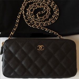 Chanel black double zip wallet on chain